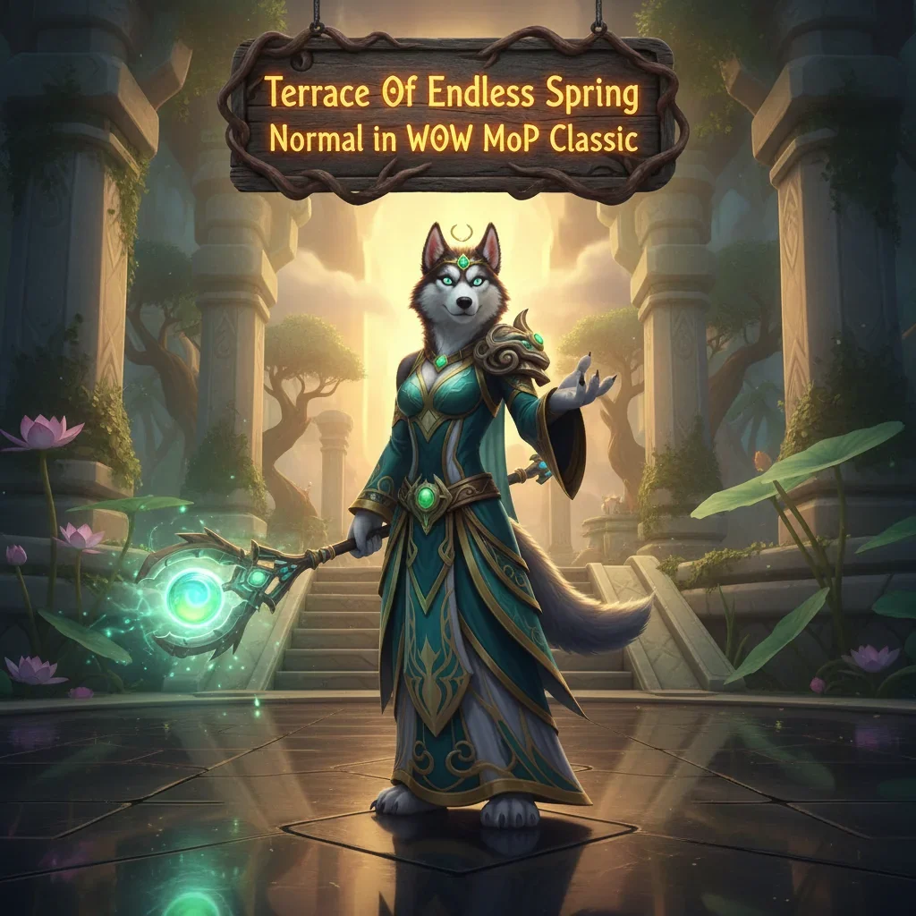 An anthropomorphic husky character in fantasy armor, representing the Terrace of Endless Spring raid content from WoW Mists of Pandaria Classic.
