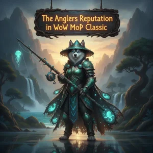 Fantasy game-inspired artwork featuring an anthropomorphic Husky character themed around The Anglers reputation in World of Warcraft Mists of Pandaria Classic.