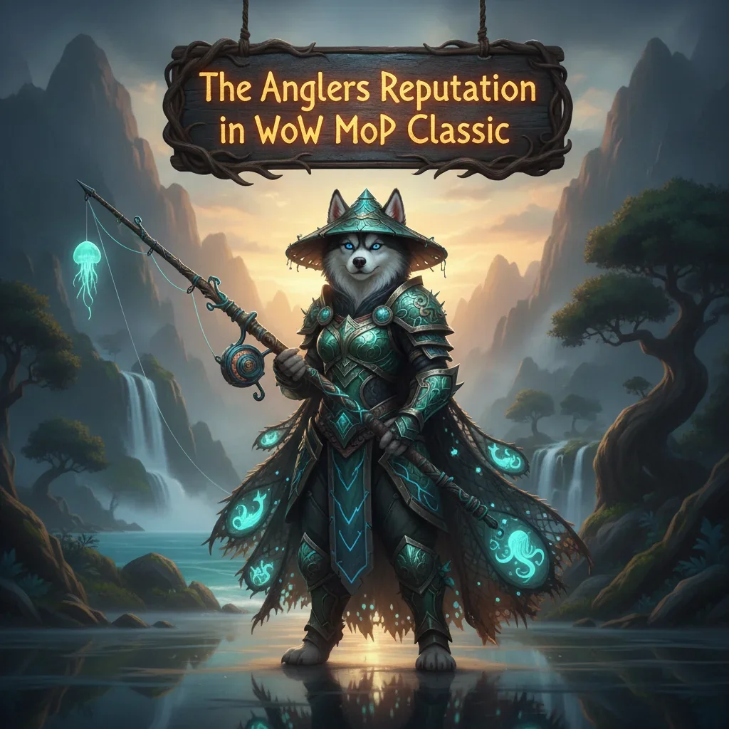 Fantasy game-inspired artwork featuring an anthropomorphic Husky character themed around The Anglers reputation in World of Warcraft Mists of Pandaria Classic.