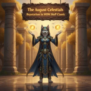 An anthropomorphic Husky character in fantasy armor, representing the August Celestials faction and reputation gains in World of Warcraft Mists of Pandaria Classic.