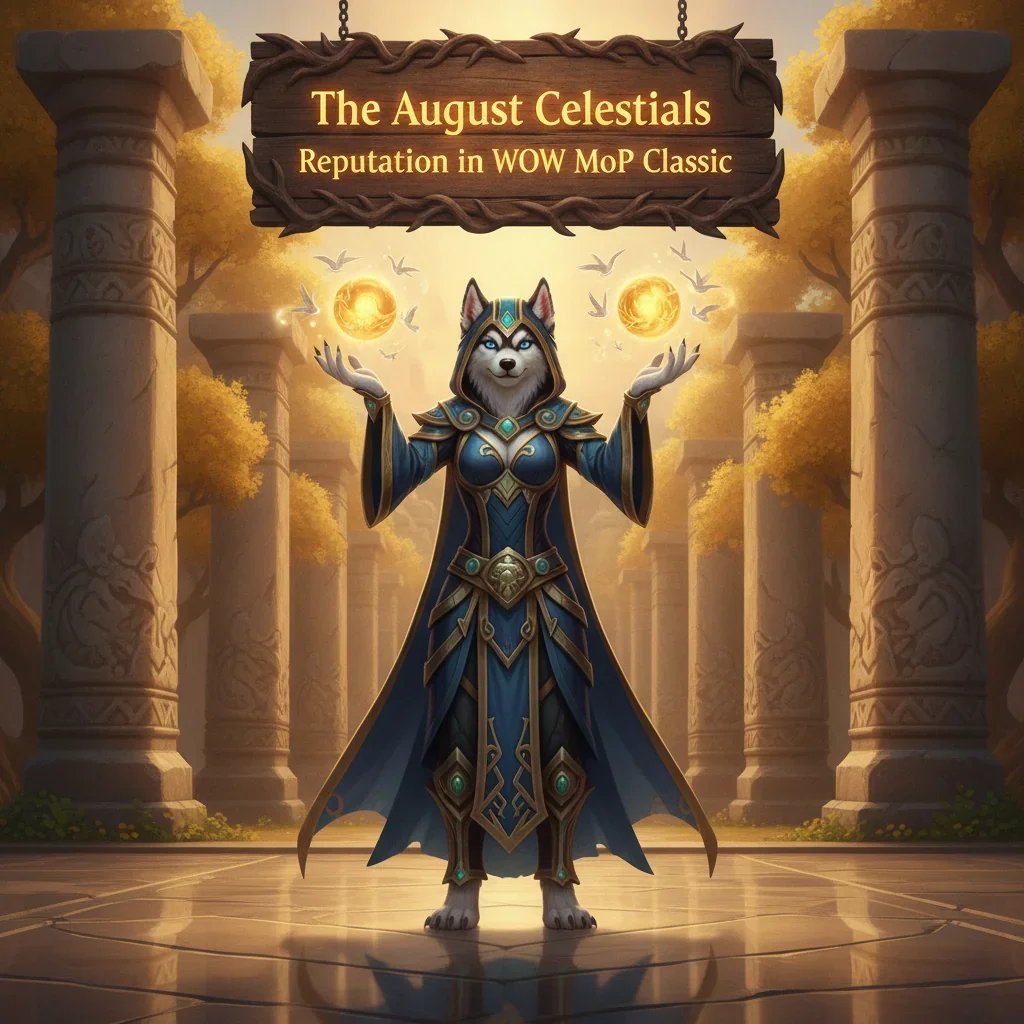 An anthropomorphic Husky character in fantasy armor, representing the August Celestials faction and reputation gains in World of Warcraft Mists of Pandaria Classic.