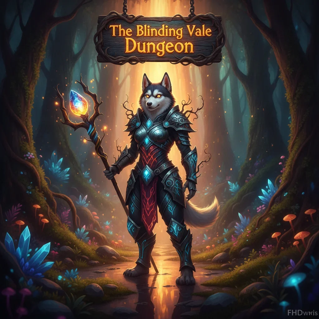 Artwork themed around The Blinding Vale dungeon in WoW Midnight, showing an anthropomorphic Husky character in a mystical fantasy environment with glowing ruins, representing endgame content.