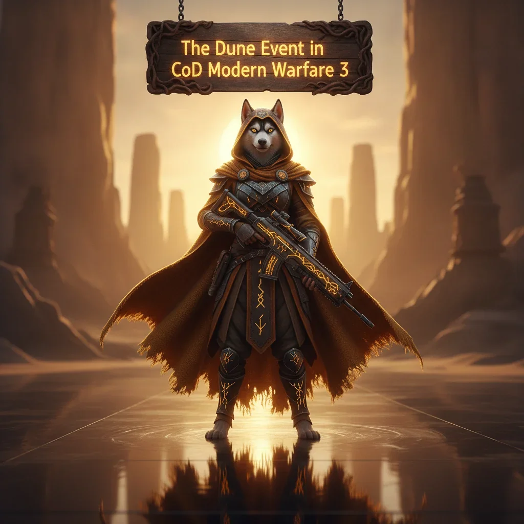An anthropomorphic Husky character in fantasy desert-themed attire, standing in an arid, sandy environment. This artwork is related to seasonal event content and challenges for players.