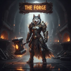 Fantasy game-inspired artwork featuring an anthropomorphic husky character in a forge environment, themed around enhancement content.