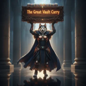 Anthropomorphic Husky character in fantasy armor, standing next to a large, ornate vault, surrounded by game-inspired elements.