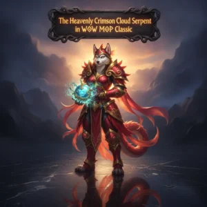 Fantasy artwork of an anthropomorphic Husky character riding a majestic crimson cloud serpent through a sky filled with clouds and distant Asian-inspired temples.