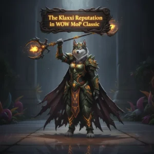 Fantasy game-inspired artwork featuring an anthropomorphic husky character amidst a Mists of Pandaria Classic Klaxxi-themed environment.