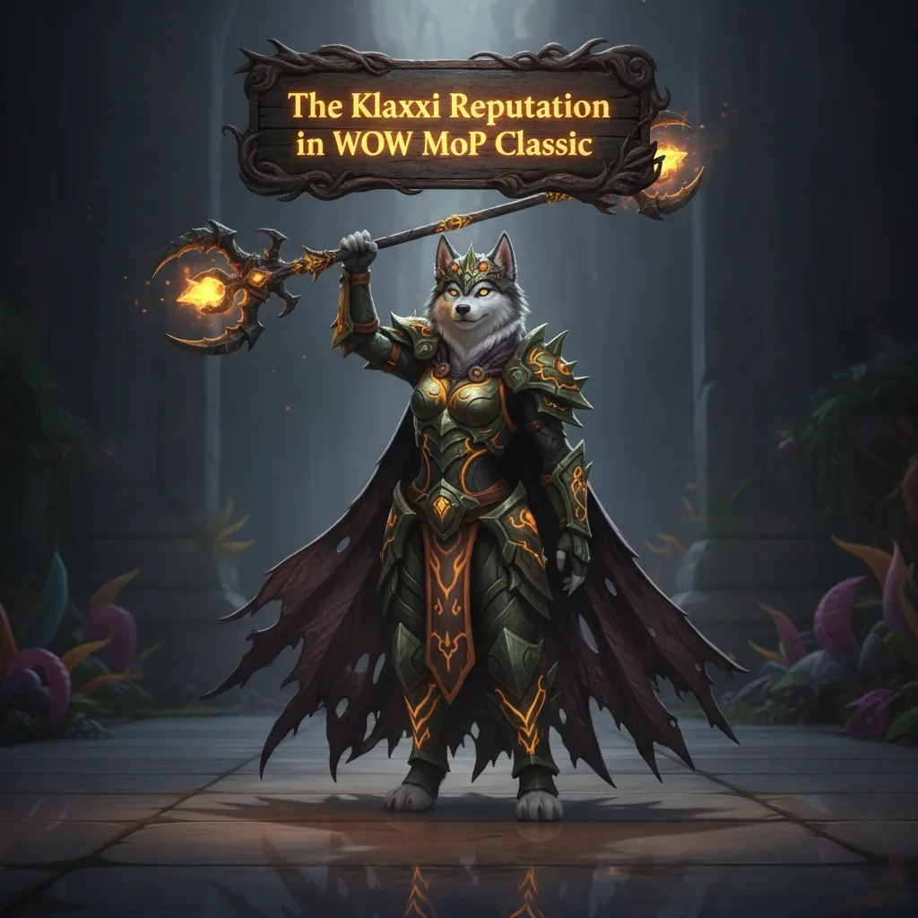 Fantasy game-inspired artwork featuring an anthropomorphic husky character amidst a Mists of Pandaria Classic Klaxxi-themed environment.