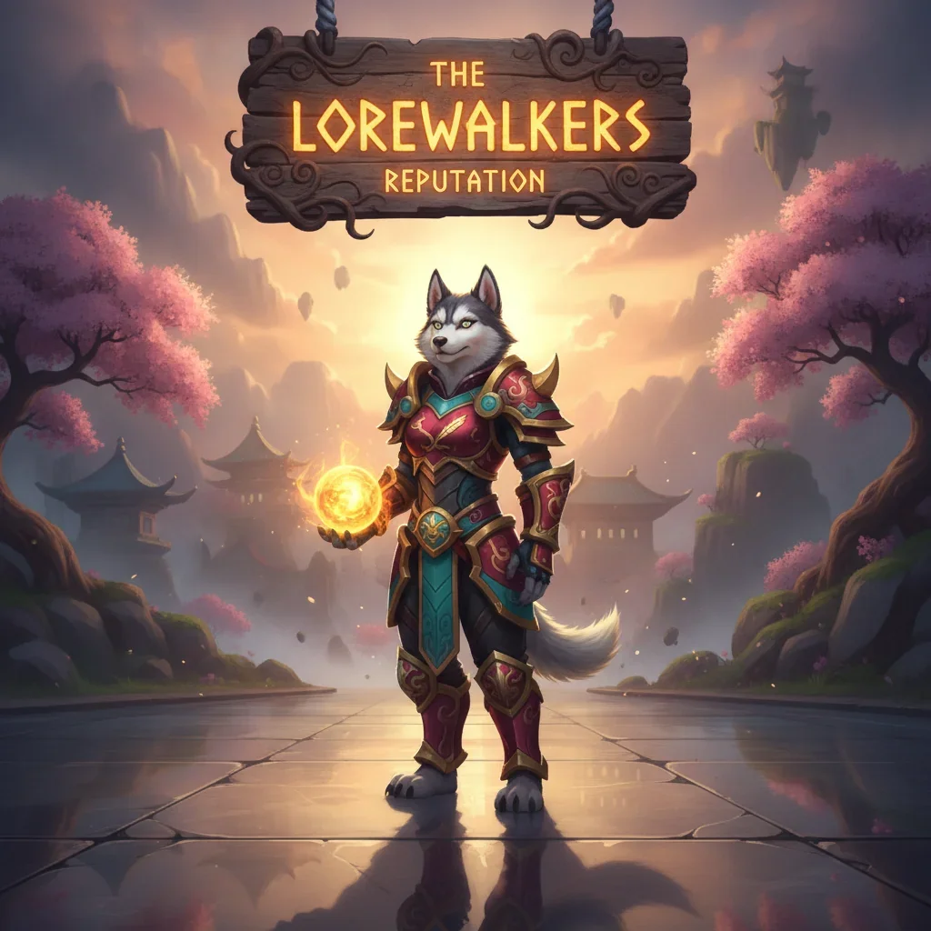 A fantasy game-inspired image featuring an anthropomorphic Husky character in a scholarly outfit, themed around Lorewalkers reputation.