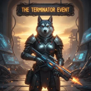 Fantasy artwork representing the Call of Duty Black Ops 6 Terminator Event, featuring an anthropomorphic Husky character in themed attire within a dark, game-inspired setting, focused on event objectives.