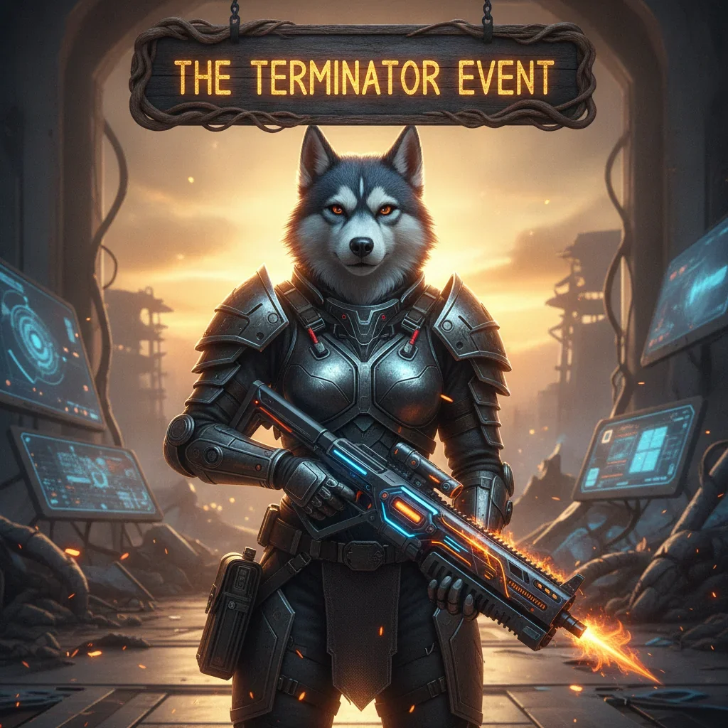 Fantasy artwork representing the Call of Duty Black Ops 6 Terminator Event, featuring an anthropomorphic Husky character in themed attire within a dark, game-inspired setting, focused on event objectives.