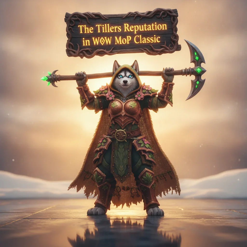 Anthropomorphic Husky in fantasy attire amidst a farm setting, representing The Tillers reputation content from WoW Mists of Pandaria Classic.