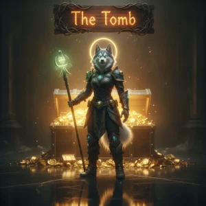 Anthropomorphic Husky character in intricate fantasy armor, standing within an ancient, dimly lit tomb setting, representing game content related to a Tomb Boost system and progression objectives.
