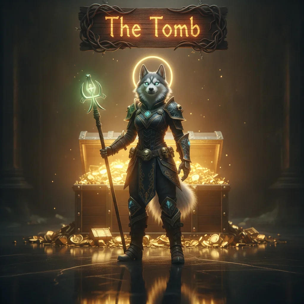 Anthropomorphic Husky character in intricate fantasy armor, standing within an ancient, dimly lit tomb setting, representing game content related to a Tomb Boost system and progression objectives.