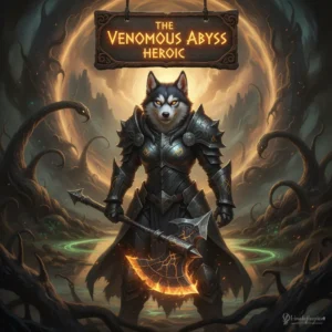 Fantasy artwork featuring an anthropomorphic husky character wearing ornate armor, representing Venomous Abyss heroic difficulty content and endgame challenges.