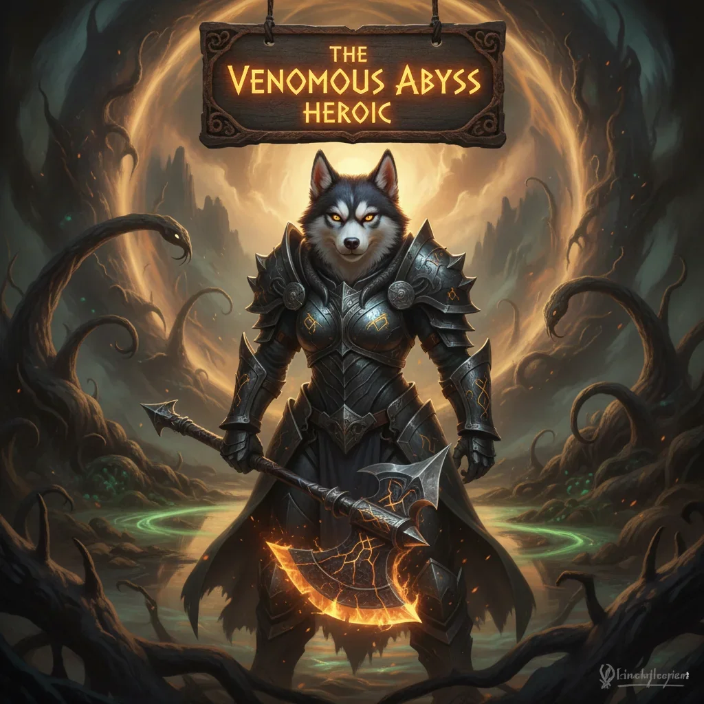 Fantasy artwork featuring an anthropomorphic husky character wearing ornate armor, representing Venomous Abyss heroic difficulty content and endgame challenges.