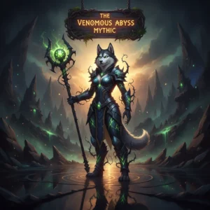 Fantasy artwork featuring an anthropomorphic husky adventurer, representing high-tier dungeon challenges and endgame content set within a mythical, dark abyss environment.