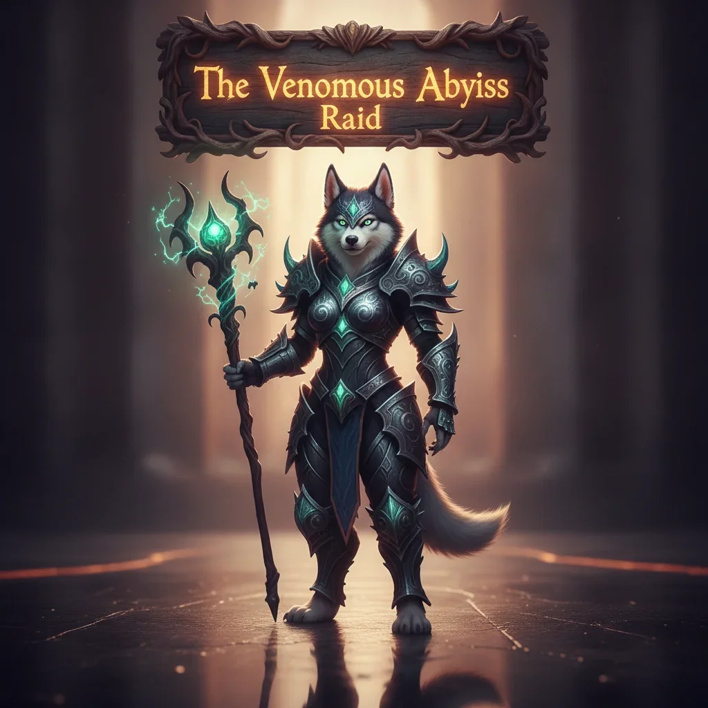 An anthropomorphic husky character in detailed fantasy armor and cloak, in artwork representing the challenging Venomous Abyss raid content from WoW Midnight.