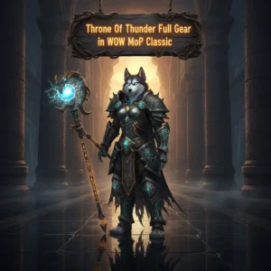 An anthropomorphic husky character in detailed fantasy armor, standing in a grand hall inspired by the Throne of Thunder raid.