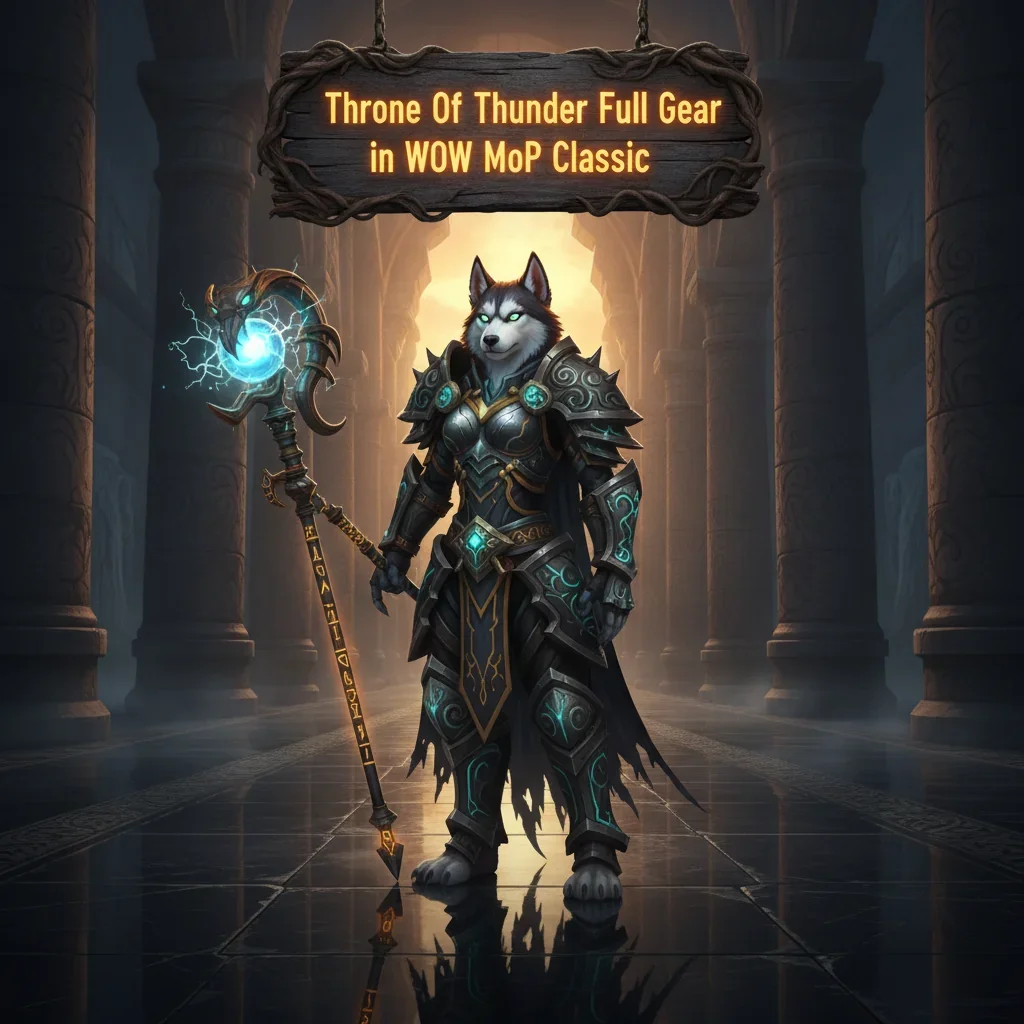 An anthropomorphic husky character in detailed fantasy armor, standing in a grand hall inspired by the Throne of Thunder raid.