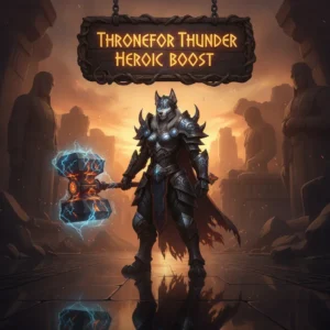 Fantasy artwork depicting an anthropomorphic husky character in detailed armor, standing in a formidable, game-inspired environment related to the Throne of Thunder Heroic raid content in WoW MoP Classic.