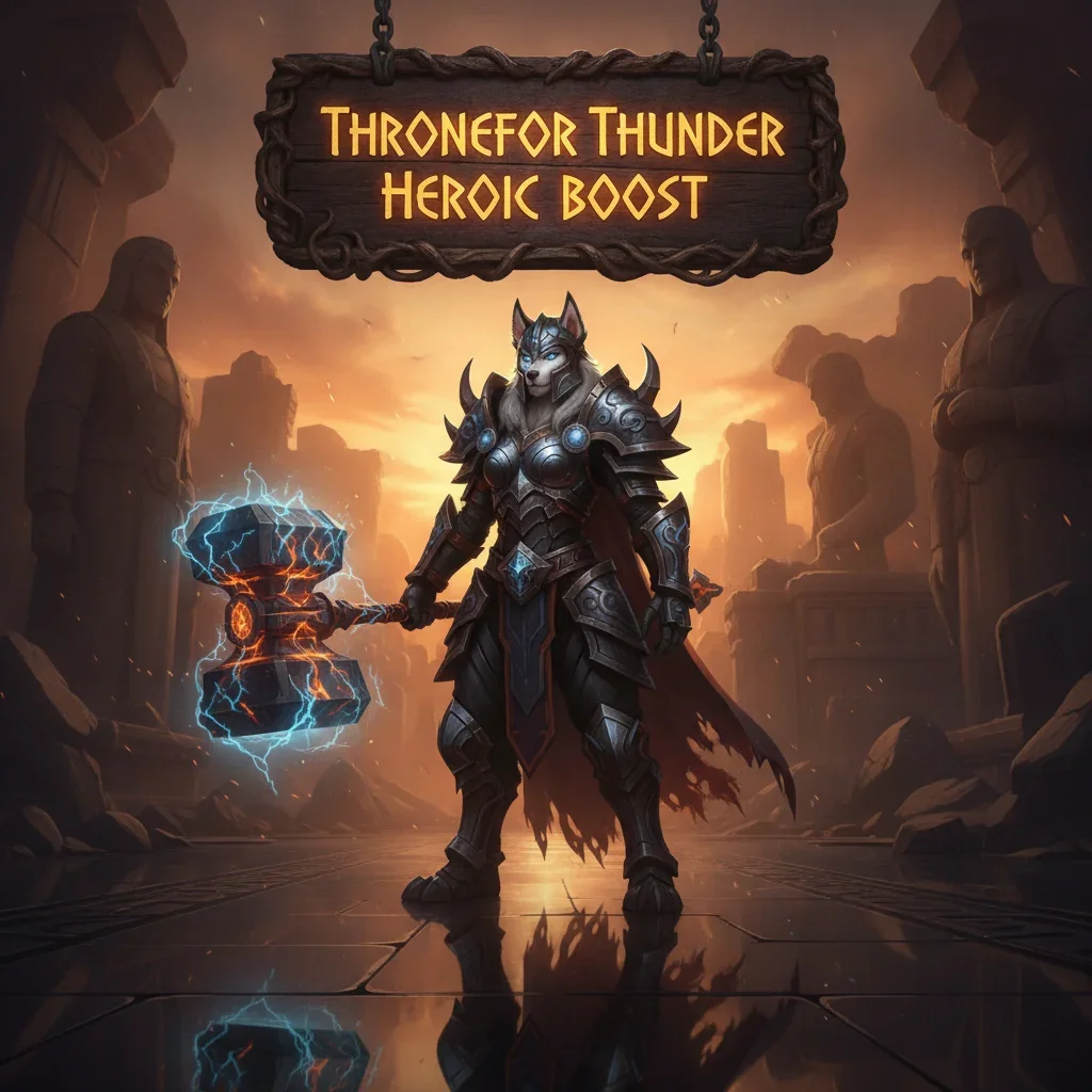 Fantasy artwork depicting an anthropomorphic husky character in detailed armor, standing in a formidable, game-inspired environment related to the Throne of Thunder Heroic raid content in WoW MoP Classic.