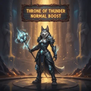 Anthropomorphic husky character in fantasy artwork, representing Throne of Thunder Normal raid content and objectives from WoW MoP Classic.
