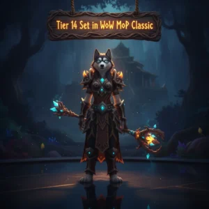 A fantasy game-inspired image featuring an anthropomorphic Husky character in elaborate armor, themed around World of Warcraft Mists of Pandaria Classic Tier 14 set content.