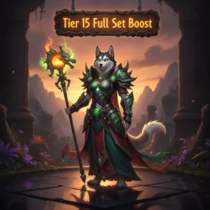 A powerful anthropomorphic husky character in ornate fantasy armor, representing the Tier 15 full set content in WoW MoP Classic. The artwork symbolizes character progression and endgame gear acquisition within a fantasy environment.
