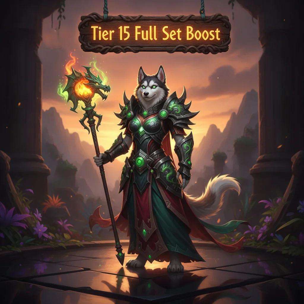 A powerful anthropomorphic husky character in ornate fantasy armor, representing the Tier 15 full set content in WoW MoP Classic. The artwork symbolizes character progression and endgame gear acquisition within a fantasy environment.