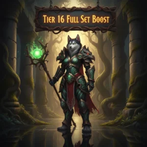 An anthropomorphic husky character in elaborate fantasy armor, themed around the World of Warcraft MoP Classic Tier 16 full set, representing endgame character progression content.