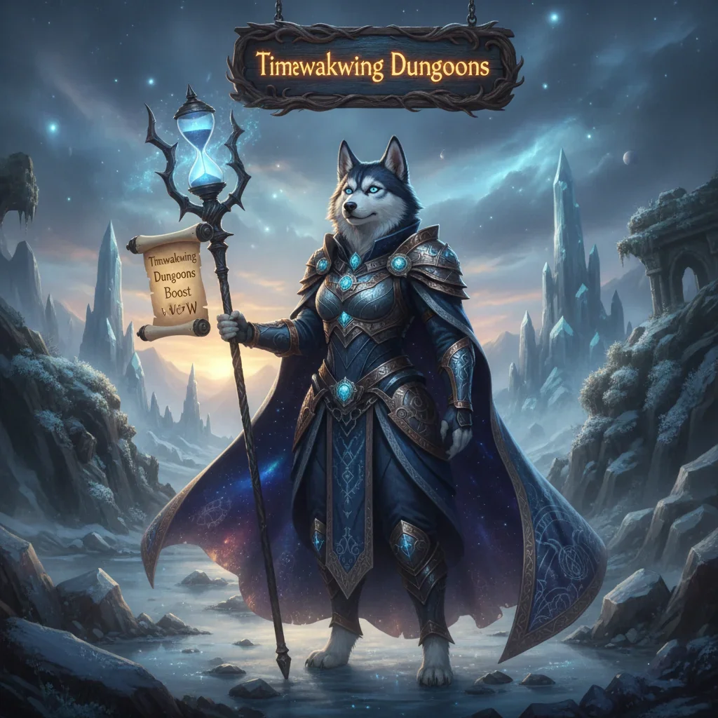 Anthropomorphic husky in fantasy armor, depicted in artwork related to Timewalking Dungeon content and challenges from a magical WoW Midnight-inspired game.