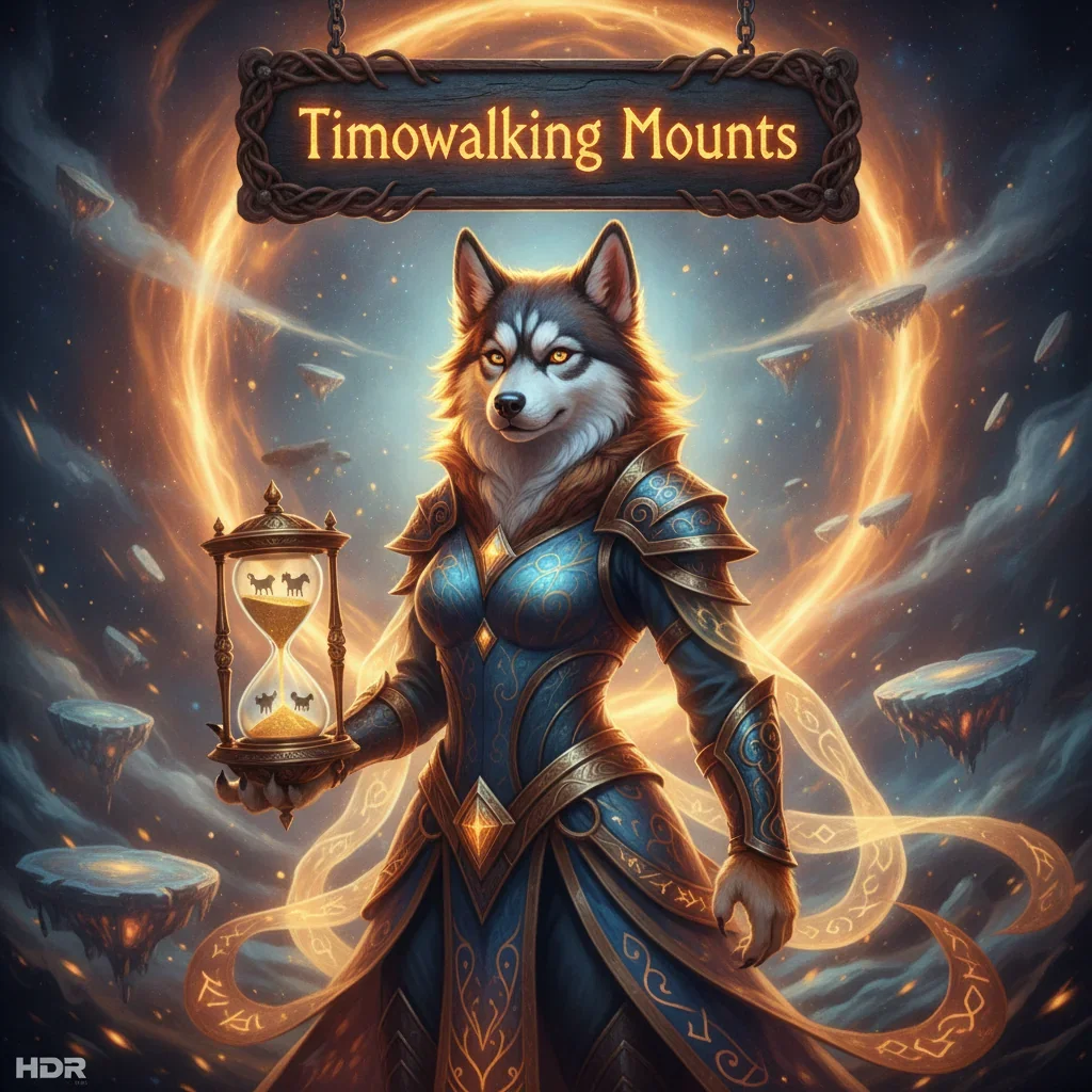An anthropomorphic Husky character in fantasy armor stands in a mystical, time-warped environment, reflecting content for Timewalking mount acquisition in WoW Midnight.