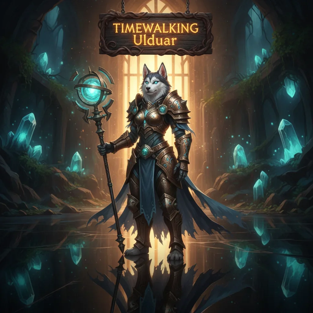 An anthropomorphic husky character in fantasy armor, in artwork themed around Timewalking Ulduar content and challenges.