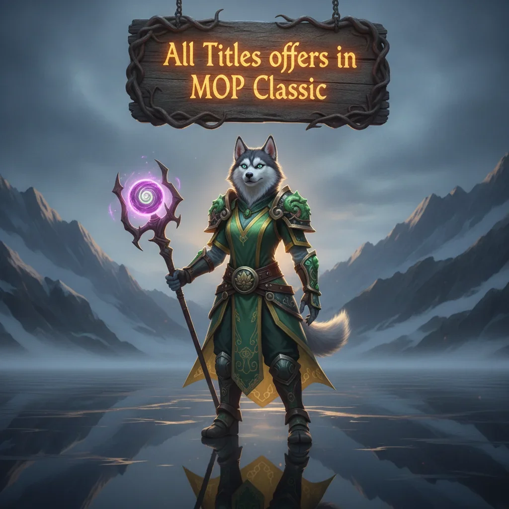 A fantasy game-inspired image featuring an anthropomorphic Husky character in armor, themed around title progression in WoW Mists of Pandaria Classic.