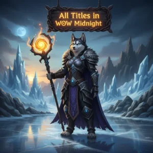 An anthropomorphic husky character in fantasy armor, themed around World of Warcraft titles and achievement content.