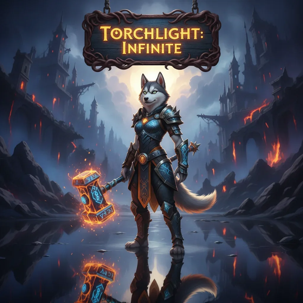 Fantasy game-inspired artwork featuring an anthropomorphic Husky character in a magical environment.