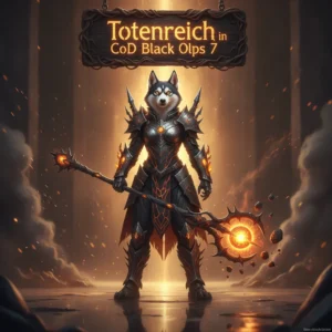Anthropomorphic Husky in dark fantasy armor within a spooky realm, representing Totenreich content and objectives.