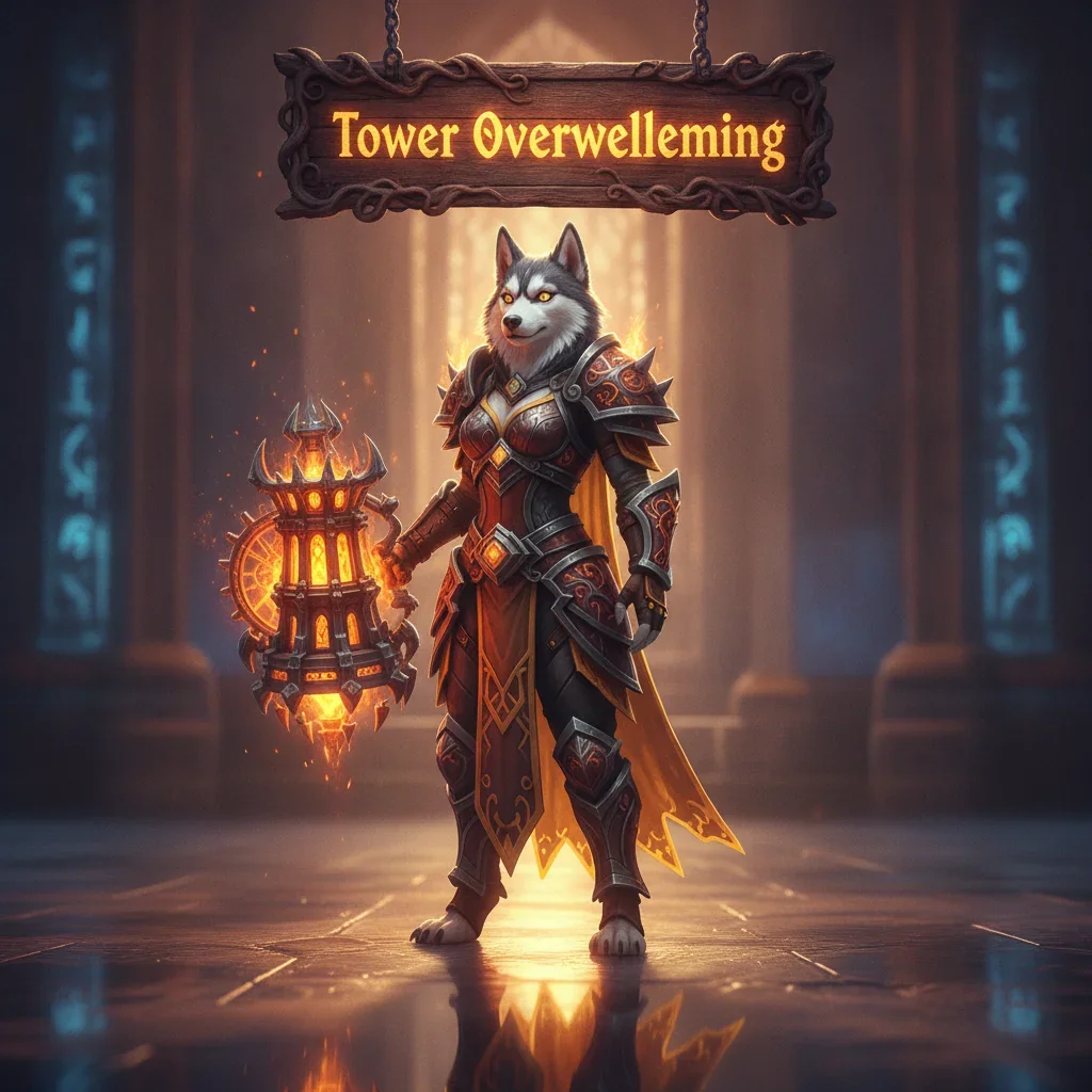 An anthropomorphic Husky in detailed fantasy armor before a towering structure under a dark, midnight sky. The artwork is inspired by challenging tower-based content and high-tier objectives within a fantasy game setting.