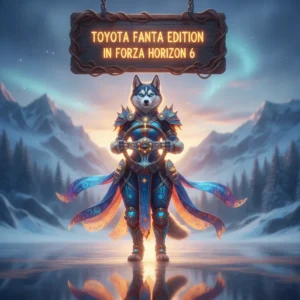 Anthropomorphic husky character in fantasy attire, inspired by the Toyota Fanta Edition in Forza Horizon 6. Represents unique vehicle content and racing challenges.