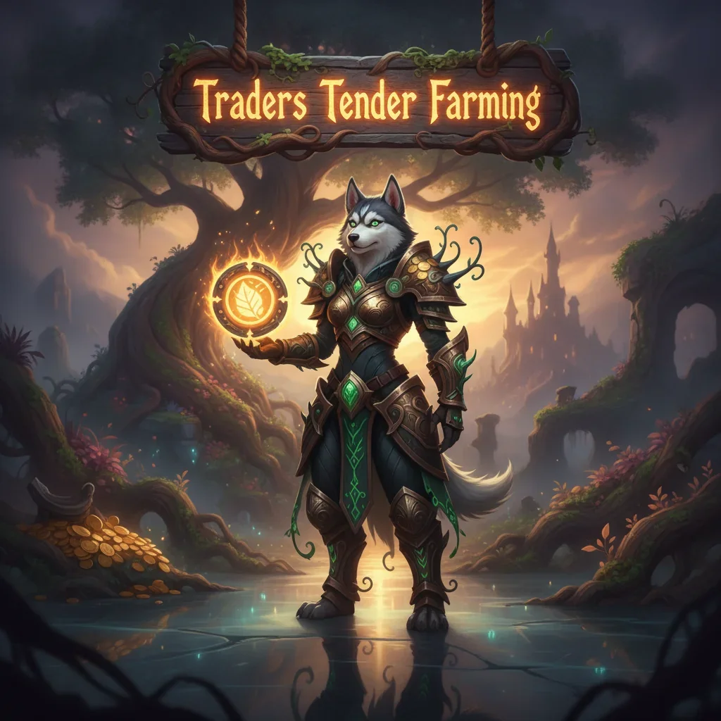 Fantasy artwork featuring an anthropomorphic Husky character in a magical midnight forest, representing resource gathering objectives and trade-related content for 'Tender' farming in a fantasy game setting.