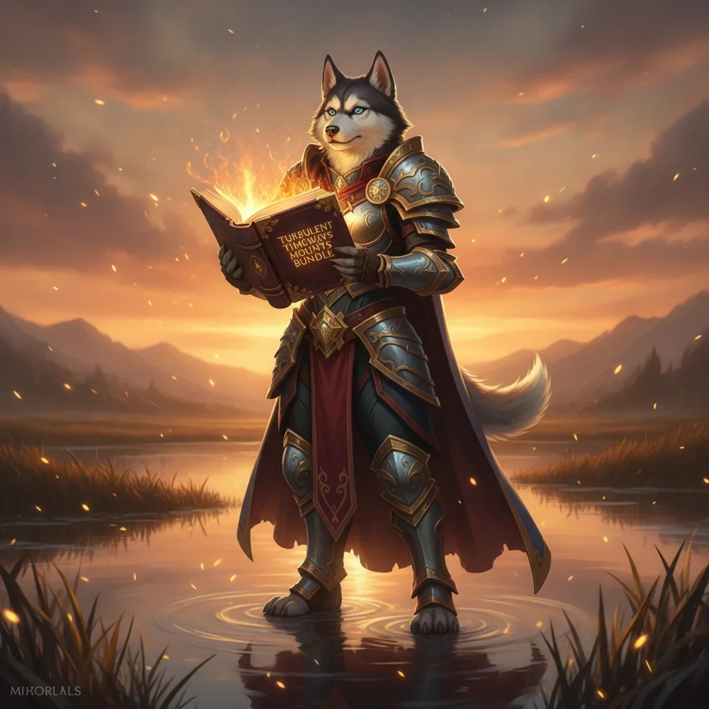 Artwork featuring an anthropomorphic Husky in fantasy armor amidst a time-warped landscape, themed around Turbulent Timeways mount bundles and content for WoW Midnight.