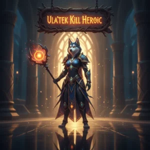 Fantasy artwork inspired by the Ula'tek Heroic challenge in WoW Midnight, featuring an anthropomorphic Husky character in heroic fantasy armor within a game-inspired environment.