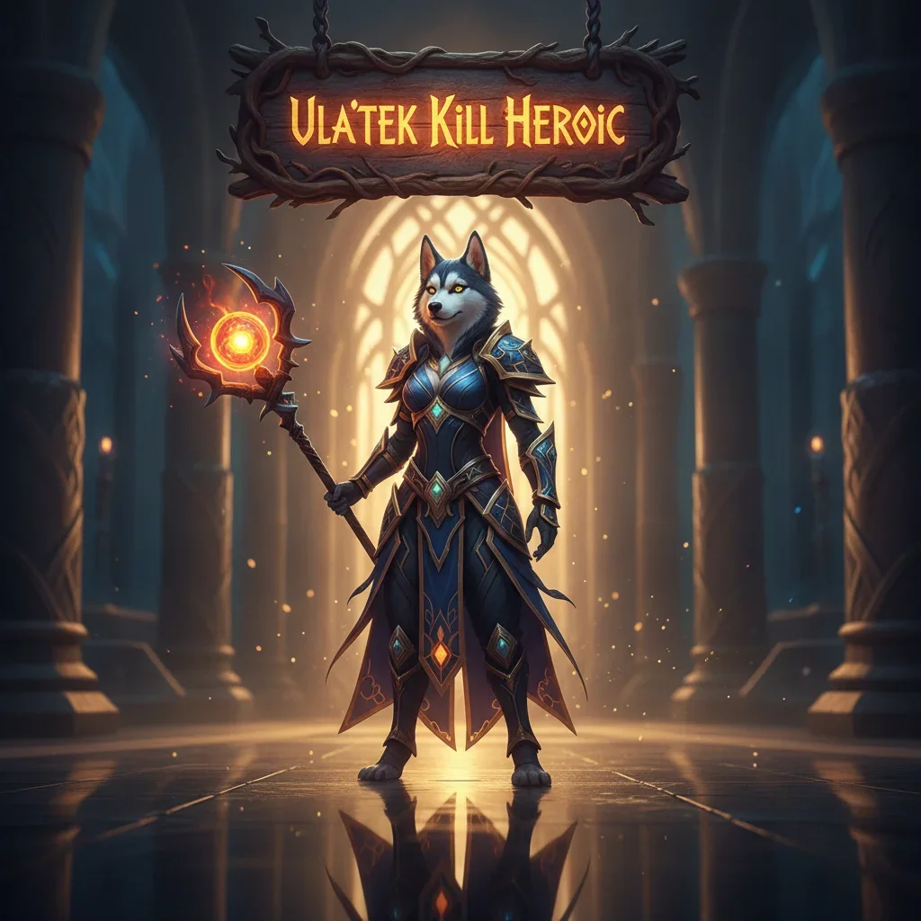 Fantasy artwork inspired by the Ula'tek Heroic challenge in WoW Midnight, featuring an anthropomorphic Husky character in heroic fantasy armor within a game-inspired environment.