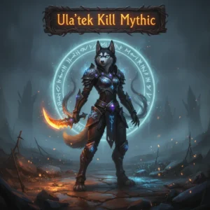 An anthropomorphic Husky character in fantasy armor, presented in artwork related to the Ula'tek Mythic Kill challenge, representing endgame raid objectives within WoW Midnight.
