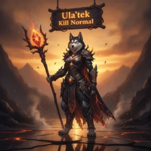 An anthropomorphic husky character in fantasy armor, set in a mystical game environment, representing the Ula’tek Normal difficulty raid challenge in WoW Midnight content.