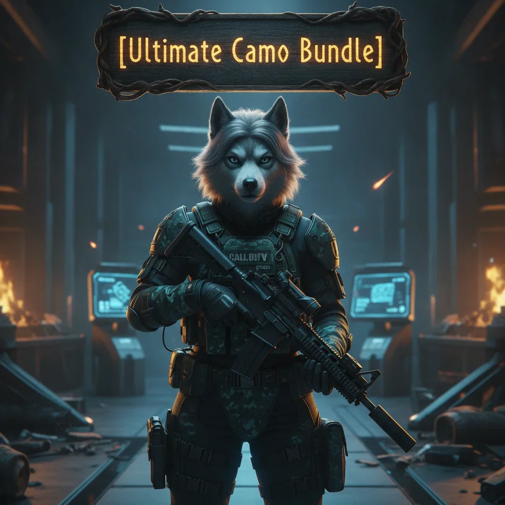 Fantasy game-inspired artwork featuring an anthropomorphic Husky character in themed armor, representing Ultimate Camo Bundle content and progression for Call of Duty Black Ops 6.