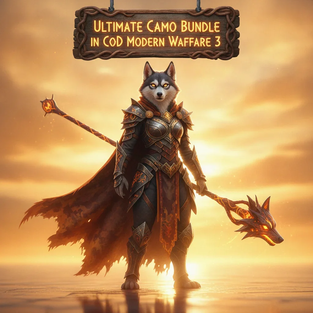 A fantasy game-inspired artwork featuring an anthropomorphic husky character in detailed, themed armor within a mystical environment, symbolizing cosmetic bundle acquisition.