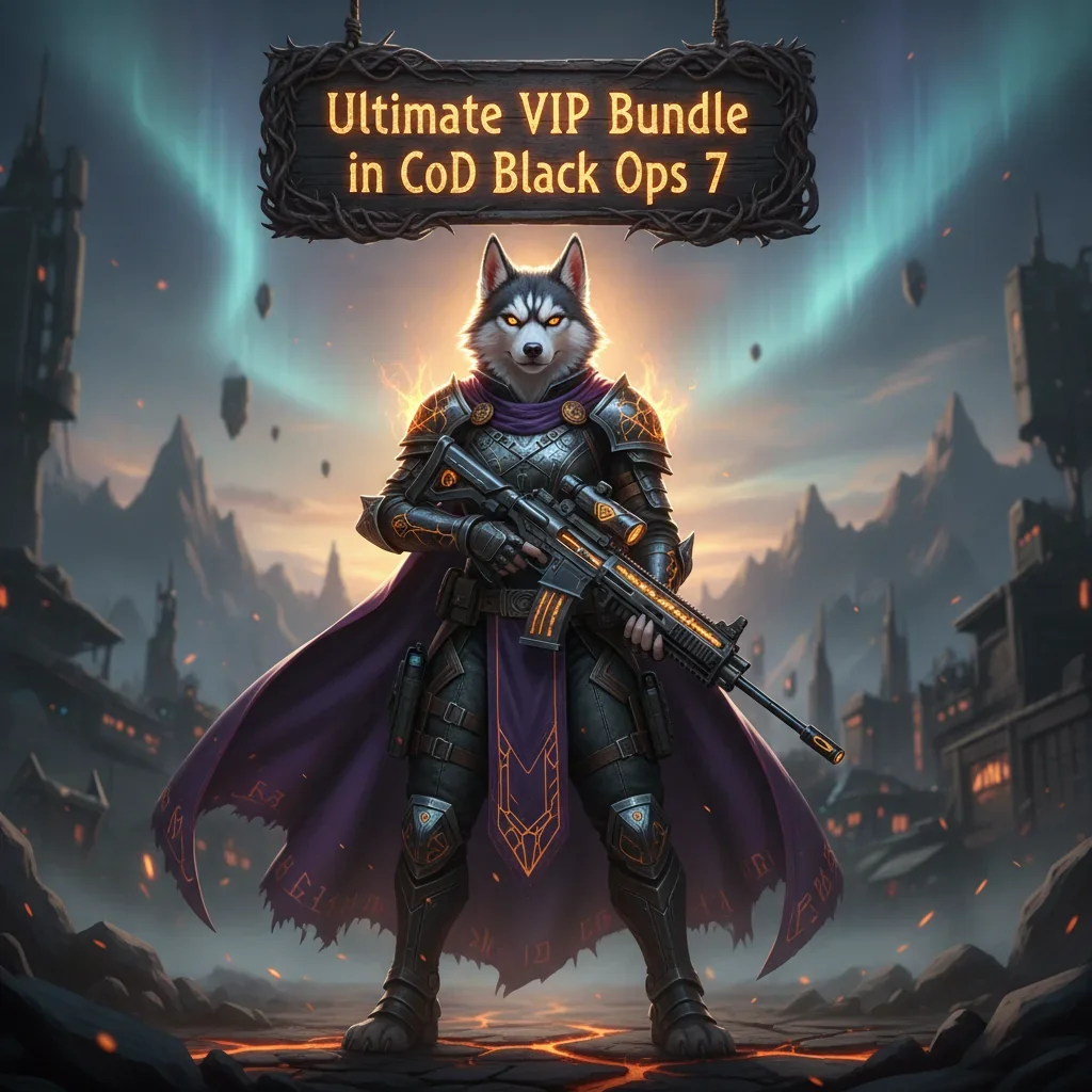 Fantasy artwork of an anthropomorphic husky character in a themed outfit, set in a game-inspired environment, related to a VIP bundle boost and accelerated game content.