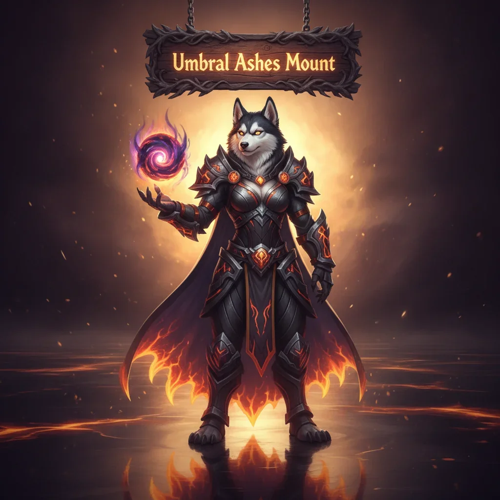 An anthropomorphic Husky character in elaborate fantasy armor, standing heroically against a dark, mystical backdrop, representing Umbral Ashes mount acquisition content in WoW Midnight.